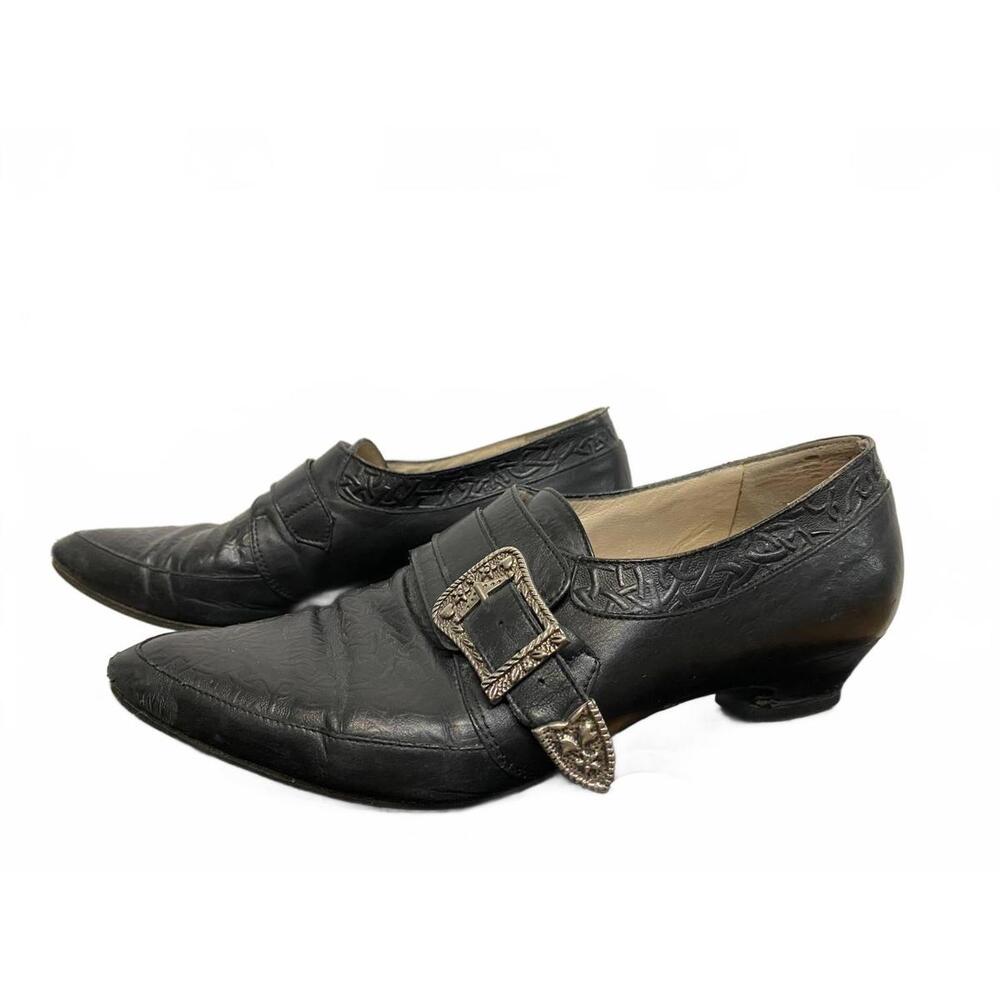Black Leather Pointed Slip-On Heels with Decorative Buckle